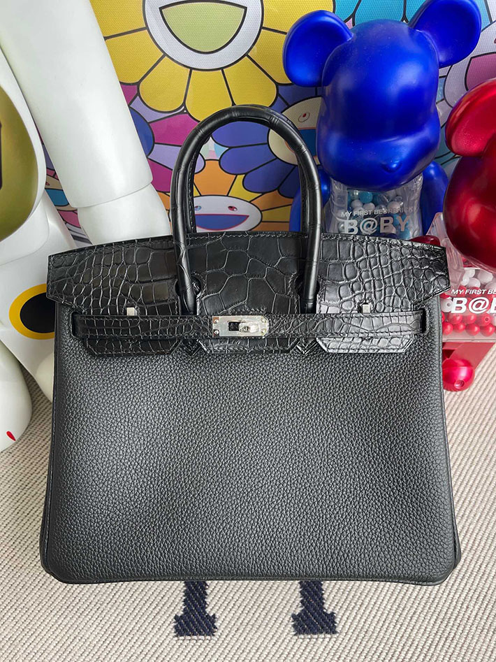 エルメス・バーキン専門店 H品 HERMES バーキンタッチ25 ブラック トゴ/クロコダイル ニロティカス シルバー金具 BZ005 バーキン25 黒 定価 - 画像 (5)
