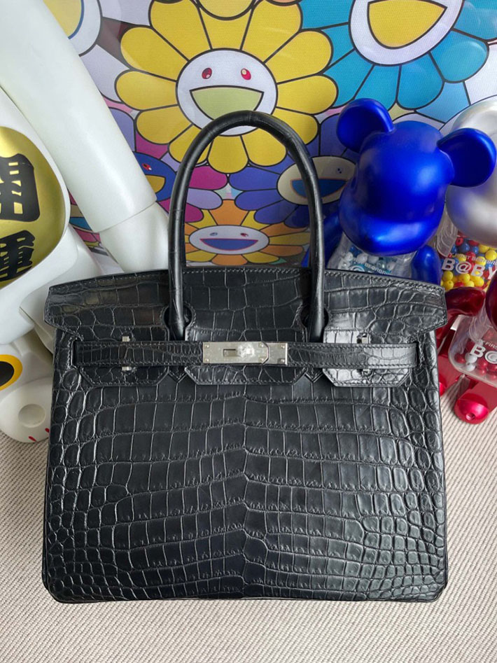 エルメス・バーキン専門店 H品 HERMES バーキン30 ブラック クロコダイル アリゲーターマット シルバー金具 BX019 エルメス バーキン 黒 - 画像 (4)